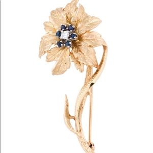 14K Yellow Gold Diamond and Sapphire Flower Brooch